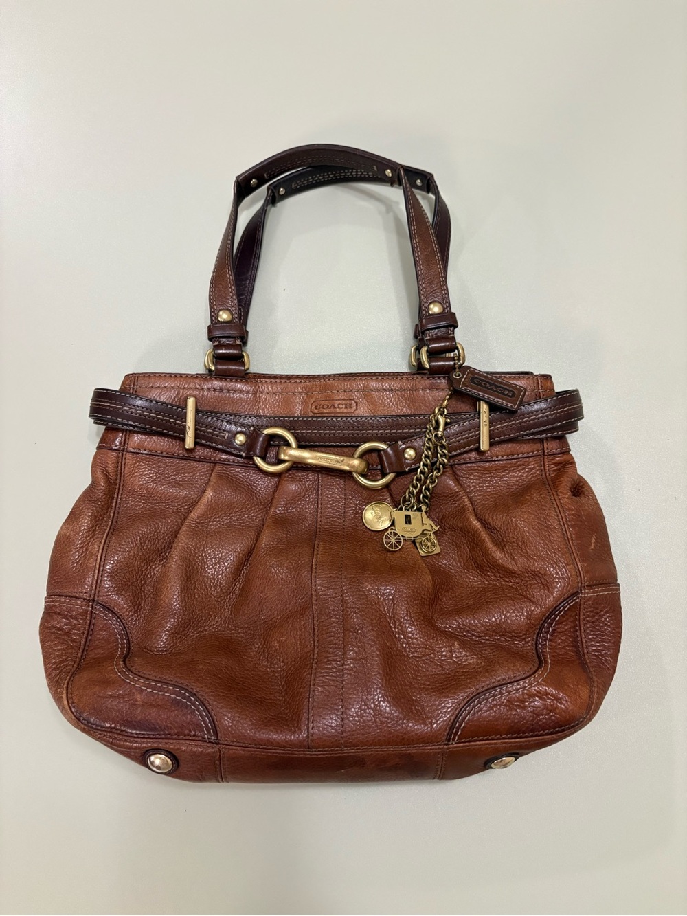 Coach Cognac Brown Leather hampton carryall Bag Gold Charm Hardware